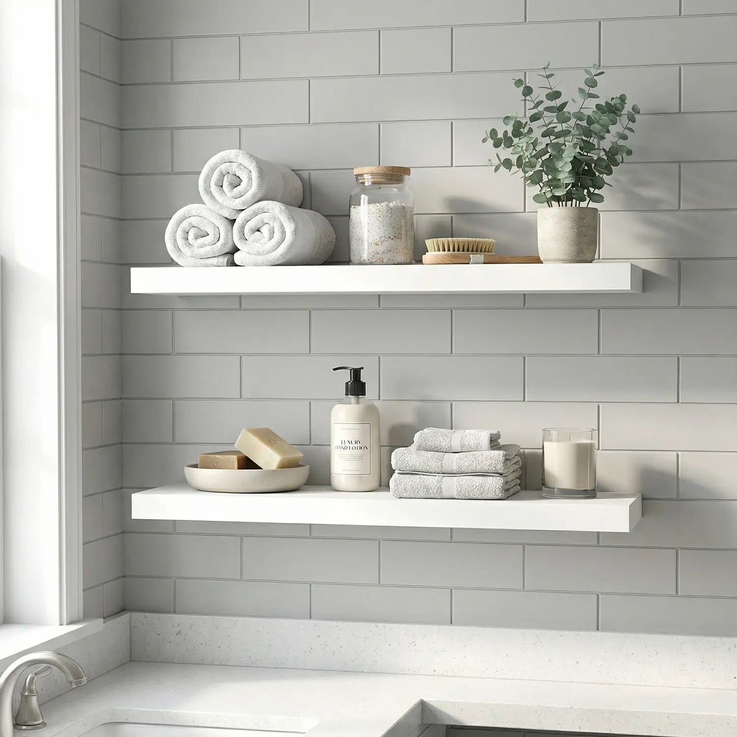 Spaco 2-Layer 23.6in White Rustic Floating Shelves - Heavy-Duty Metal with Invisible Brackets, Anti-Sagging Decorative Home Decor Items for Vanity, Bedroom Organization & Room Decorations