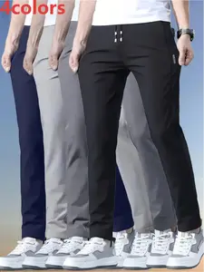 Men’s summer solid-color breathable lightweight pants, comfortable, with an elastic waistband and drawstring, side pockets, machine washable—ideal for gym, office, and outdoor leisure; athletic-style trousers