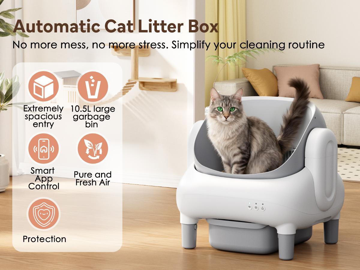 Multi-Cat Smart Self-Cleaning Litter Box, Open-Top APP Control, Odor-Free Waste Disposal includes Trash Bags