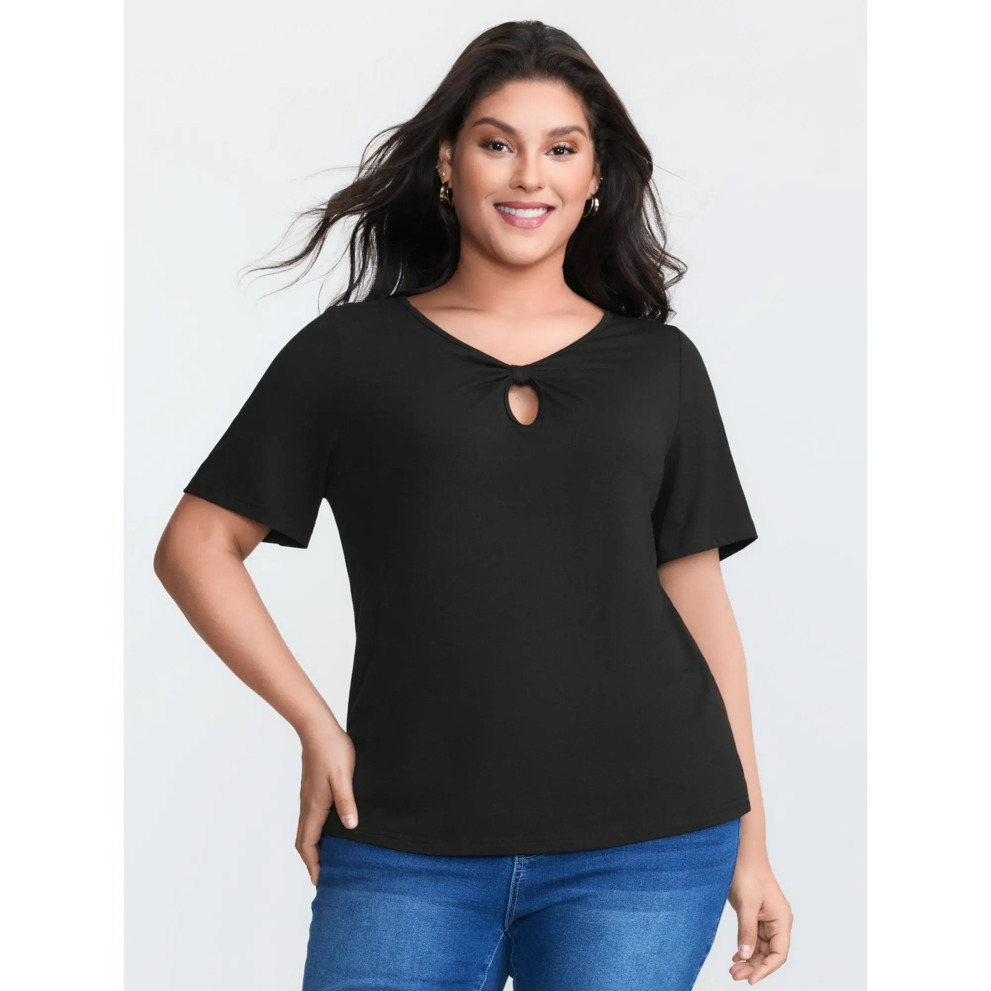 【Summer Turn-Up】BLOOMCHIC Plus Size Supersoft Keyhole Neckline Drawstring T-Shirt [M-6X]   Fit Top Spandex Fabric