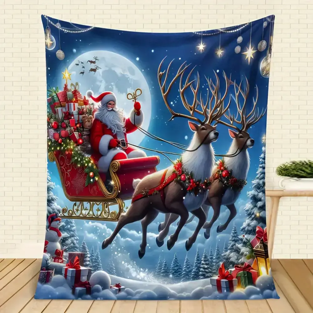 Christmas Santa Sleigh Reindeer Flannel Throw Blanket, Vintage Golden Ornaments Pinecone Church Snow Night Scene, Cozy Winter Holiday Gift for Family Women Men Kids, Soft Lightweight Plaid Throw for Bed Couch Sofa, Festive Home Decor