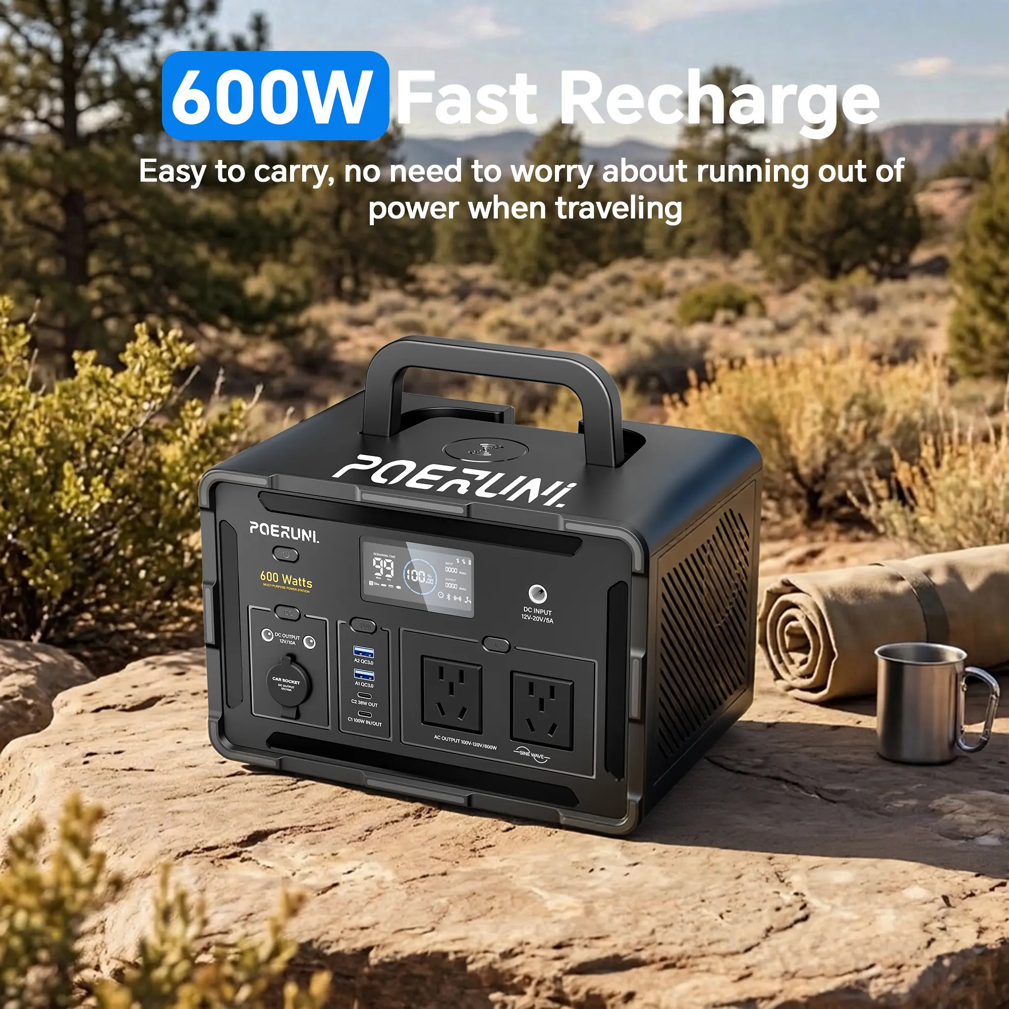POERUNI. Portable Power Station 600W 599.4Wh LiFePO4 Battery, Portable Generator for Home Use Emergency Power Station Backup Travel Outdoor 100W PD & 120V Pure Sine Wave AC Outlet