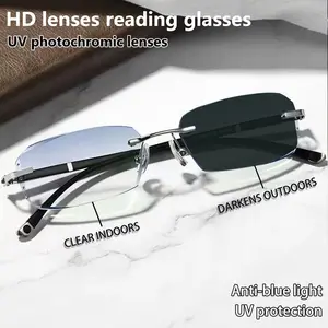 Rimless reading glasses with ergonomic design and soft silicone nose pads. They offer UV protection and blue light blocking, ideal for reading books, using mobile phones and computers.