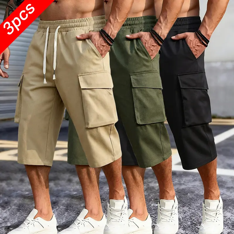 Men’s lightweight outdoor cargo shorts with drawstring waist and cargo pockets, polyester fabric, suitable for camping and hiking, casual beige color