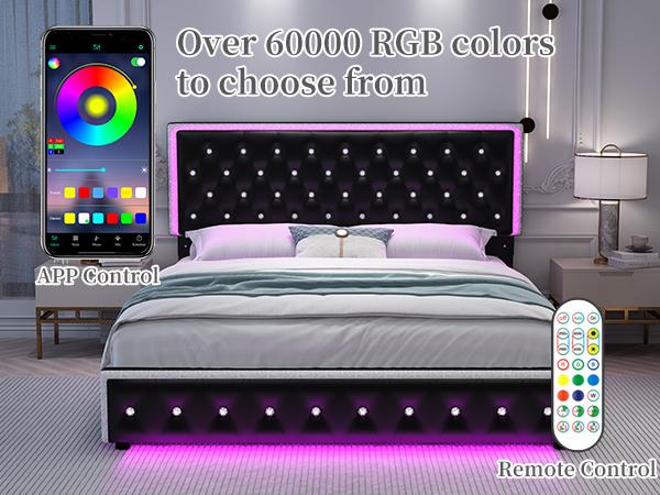 Sibeds Full LED Galaxy Bed Frame Set, Modern Smart Upholstered Platform Bed with Storage Drawers, Crystal Button Tufted Headboard, Solid Slat Support, Noise-Free, No Box Spring Needed, PU & Velvet, Black/White/Gray/Beige