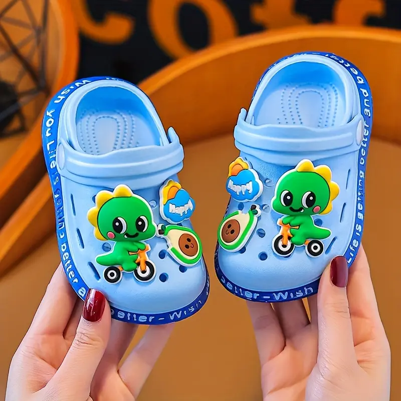 Childrens Sandals with Dinosaur Charms, Decorative Cartoon Print Round Toe EVA Clogs for Toddlers, Non-Slip for Summer Playtime, Cartoon Style, Dinosaur Cartoon