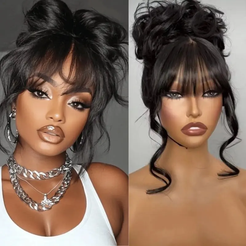 Human Hair 360 Invisi-Strap Lace Frontal Wig, Layered Cut Body Wave With Bang, Glueless High Quality Natural Looking Elegant Layered Wig, Natural Looking Wig