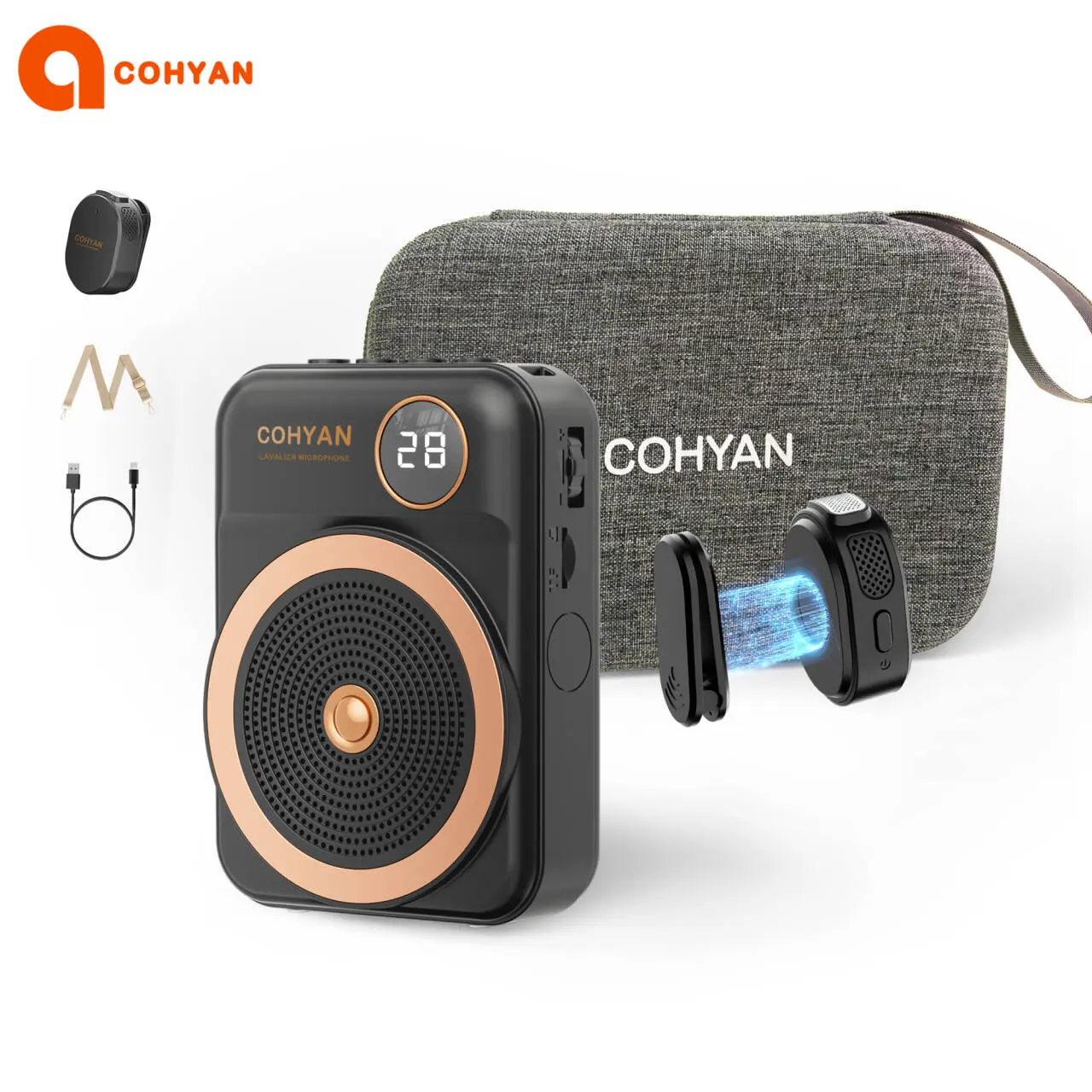 COHYAN K28 Voice Amplifier with Wireless Lavalier Lapel Microphone, Portable Bluetooth Multifunctional Wireless Speaker, Rechargeable Bullhorn for Teachers, Classroom, Meetings-Black,summerwins