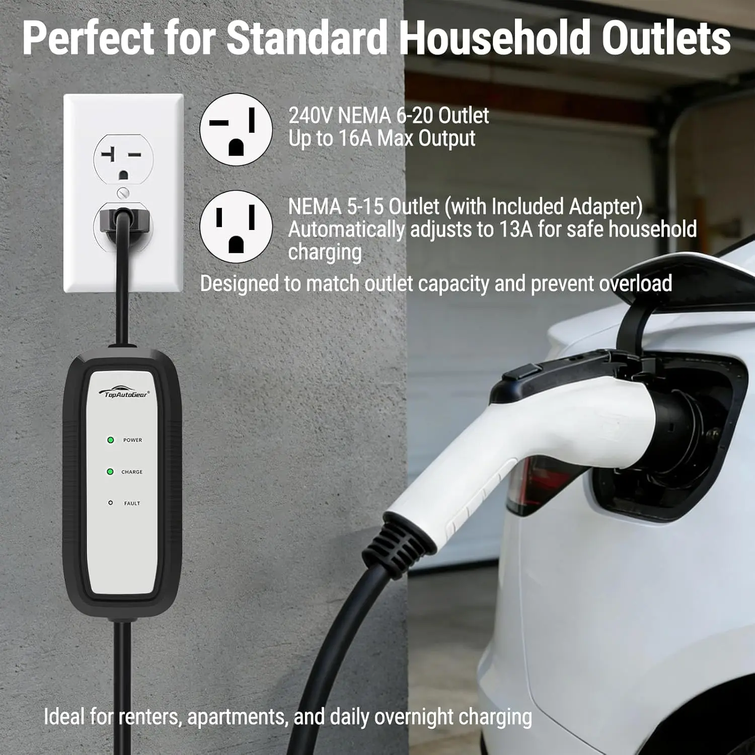 TopAutoGear Plug-In Level 1 & 2 EV Charger - Max 16A, 110V/240V Electric Vehicle Charging Station, NEMA 6-20 Plug, NEMA 5-15 Adapter, Storage Bag, All J1772-Compatible for Home & Emergency Use