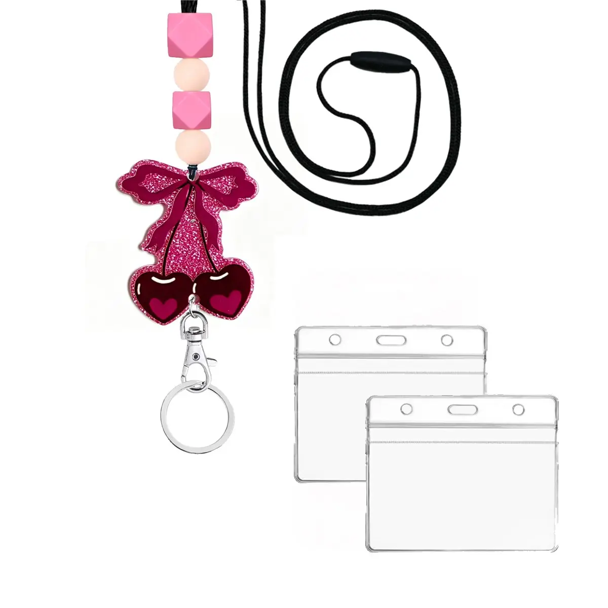 Cherry Teacher ID Keychain Set, Cute ID Card Holder with Lanyard, Dual Transparent Vertical Badge Holders, Silicone Bead Lanyard for Female Teachers Nurses, Classroom Supplies