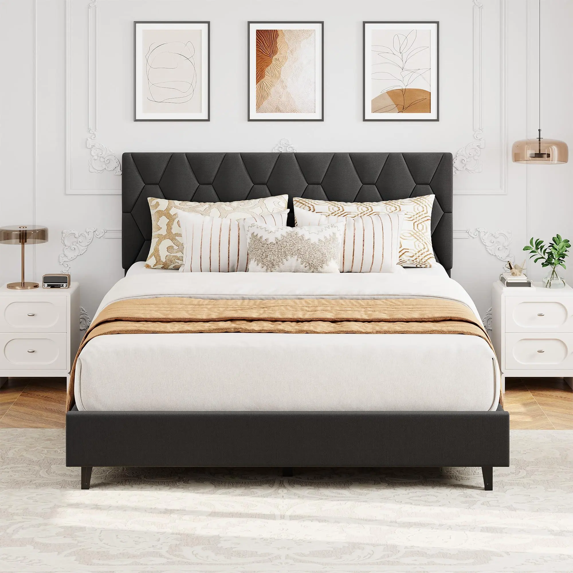 Gaomon Contemporary Grey Queen Wooden Bed Frame - Upholstered Bed Base with Diamond Block Headrest, Heavy-Duty Platform, Strong Wood Slats, 8.3-12.2" Mattress Compatibility, No Box Spring Needed, Noise-Free, Easy Setup