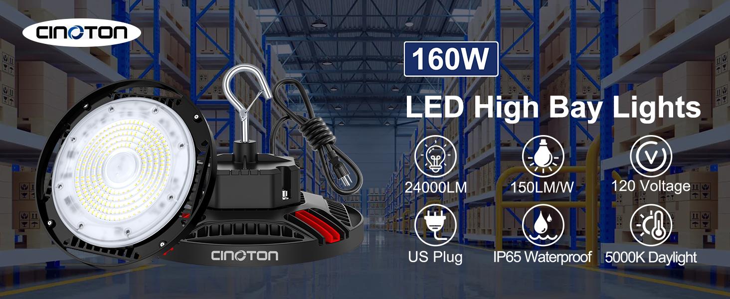 CuLiDing UFO LED High Bay Light, 24000LM Super Bright Shop Lights, 700W MH/HPS Equivalent, 5000K Daylight, US Plug with 6ft Cord, IP65 Waterproof Commercial Warehouse Lighting for Factory, Garage, Barn, Workshop