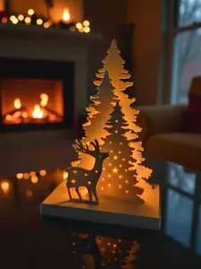 Winter Display Tealight Holder with Reindeer and Christmas Trees | Cozy Holiday Decor for Mantle, Shelf, or Centerpiece