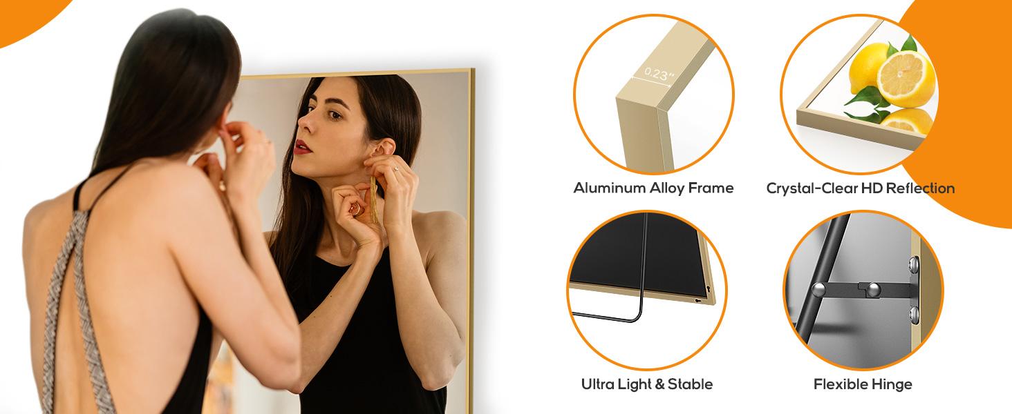 [Summer Deal] Full Length Mirror Body Mirror Floor Standing Mirror Hanging or Leaning Against Wall, Aluminum Alloy Thin Frame Decor