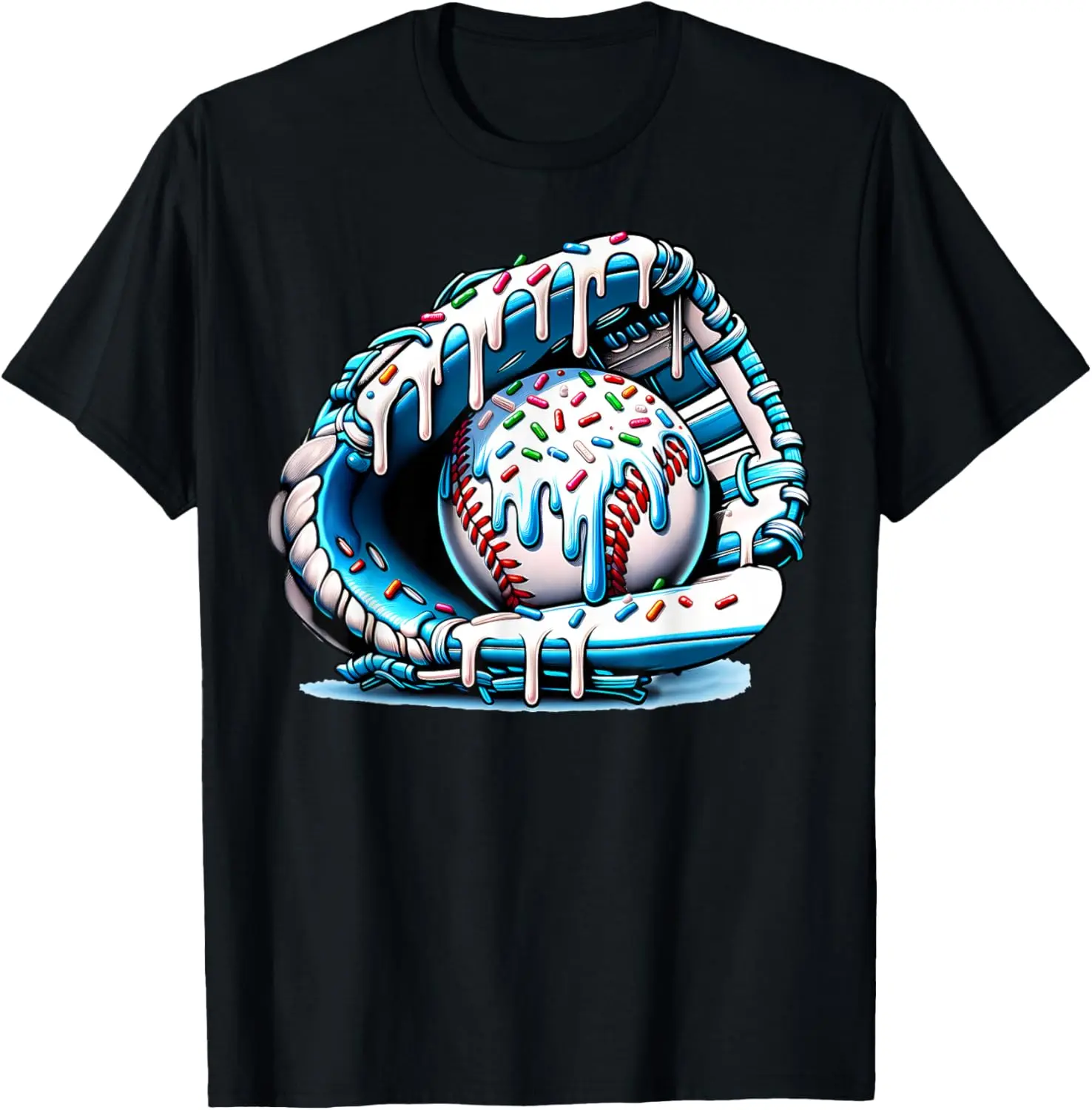 Baseball Drip Ice Cream Sprinkles Baseball Glove T-Shirt - Crewneck Men Women Youth Boys Girl T-shirt Cotton Fabric