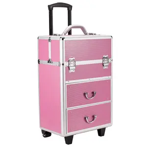 4 Tier Lockable Cosmetic Makeup Train Case with Extendable Trays Pink Aluminum Frame Travel Companion Secure Storage Stackable 6 Drawers Adjustable Handle