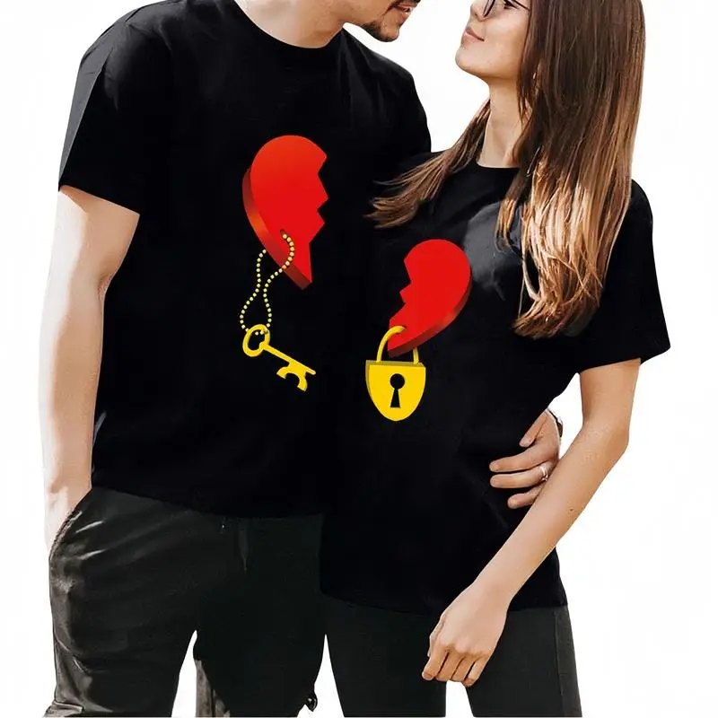 Men's Lock & Key Couples Matching Soft Cotton Short-Sleeve Round Neck T-Shirt - Fashion Style Sports Tops, Breathable Lightweight Romantic Heart Graphic, Unisex Casual Gym Top, Valentine's Day Gift, S-5XL Sizes