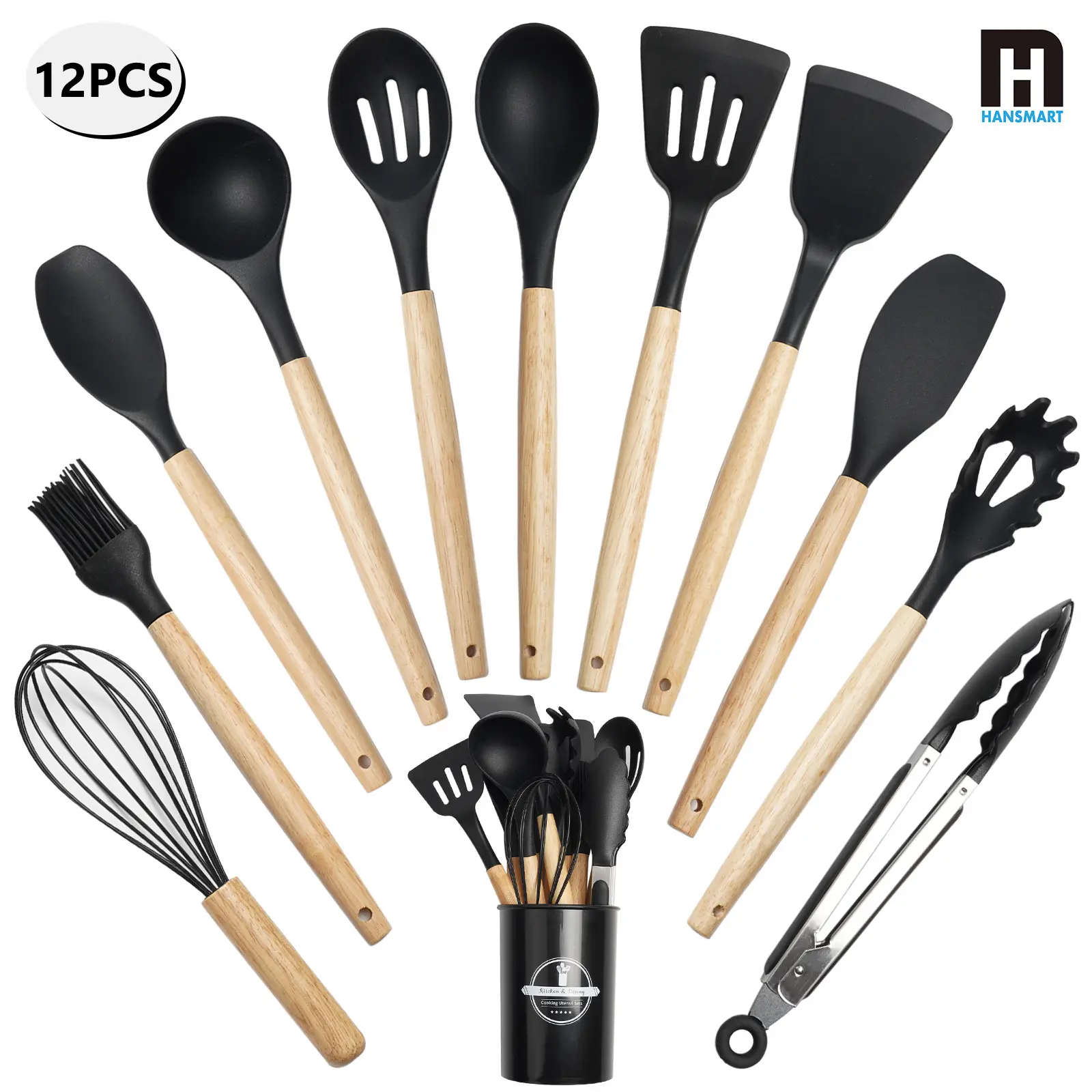 Hansmart 12-Piece Specialty Kitchen Utensil Set - Kitchen Supplies with Heat-Resistant 446°F Silicone Turner, Safe Wood Handles, Non-Toxic, Durable for Daily Cooking, Ideal for Nonstick Cookware