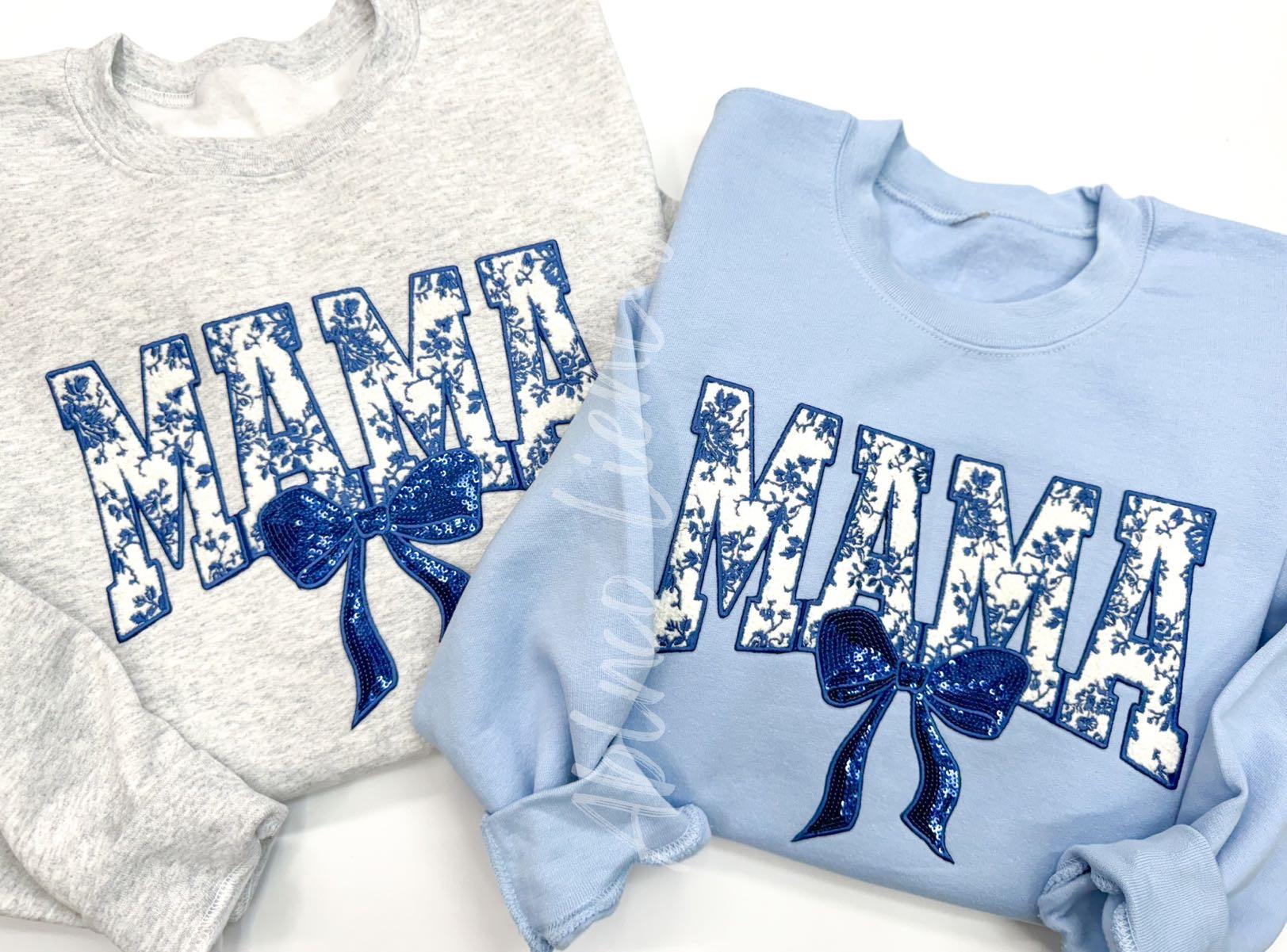 Blue Floral Mama Bow Sequins Women's Sweatshirt - Pullover - Womenswear