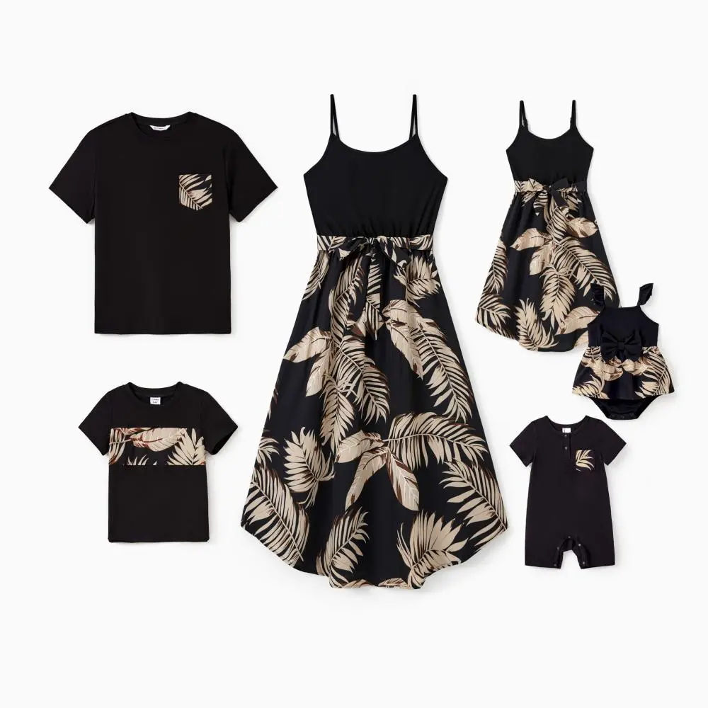 PatPat Family Matching Floral Print Belted Cami Dresses And Solid Short Sleeve Tops Sets