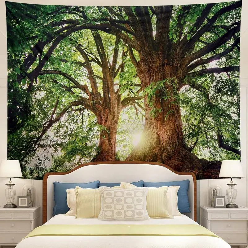 Large Nature Tree Forest Tapestry - Dark Green Rainforest Scenic Backdrop, Lightweight Wall Hanging for Bedroom & Office Decor, 91(L)x71(W)in Indoors Use Home Supplies