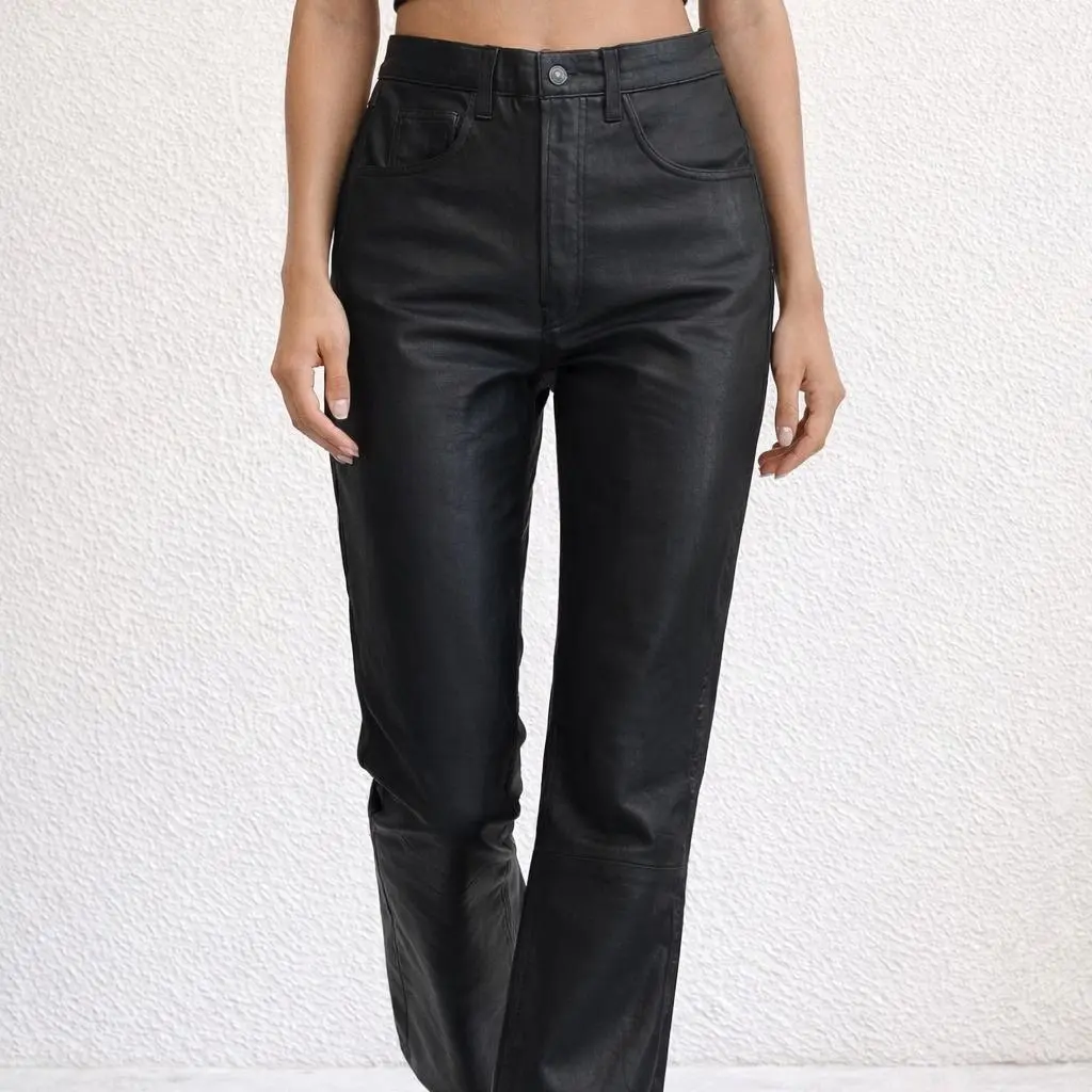 Women’s Genuine Soft Leather 5-Pocket Jeans Style Pants – Black