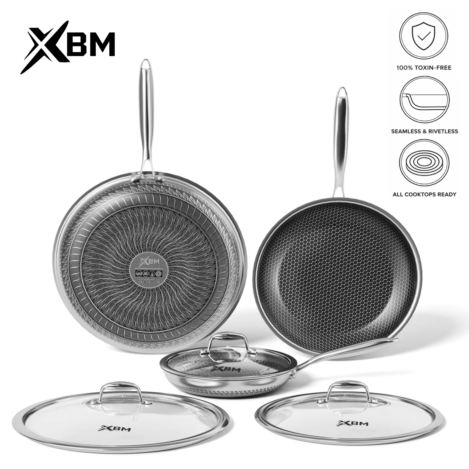XBM Professional 3-Piece Hybrid Nonstick Kitchenware Set - Rivetless Ceramic Honeycomb Skillets (8"10"12"), Tri-Ply Coated Steel Pans & Woks, PTFE/PFOA Free, Induction & Oven Safe, Home Gift for Moms