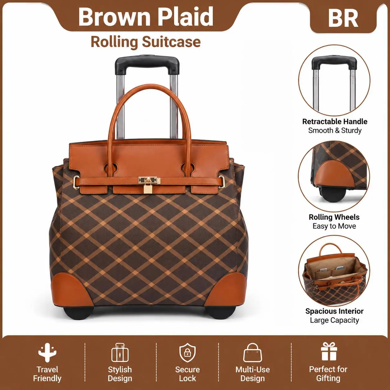 Women's Plaid Rolling Suitcase Tote Bags - Compact, Front Lock, Retractable Handle, Smooth Wheels, Structured Shape, Spacious Carry-On Luggage for Creators, Travel Trips
