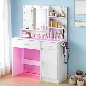 CollaredEagle Vanity Desk With Mirror And 3 Lighting Modes 10 USB Power LED Lights, 40" Makeup Vanity With Glass Top & Power Outlet, Vanity With 36 Lighting Modes Brightness Adjustable RGB Drawers,Dressing Table For Women Girls Bedroom, White