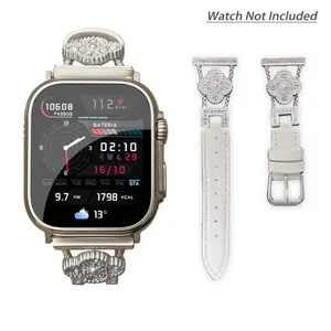 HDM Four-Leaf Clover Leather Band for Apple Watch 38/40/41/42mm Fashionable with Sparkling Stones Soft Strap for iWatch Series 10/9/8/SE Elegant Comfortable Gift for Women