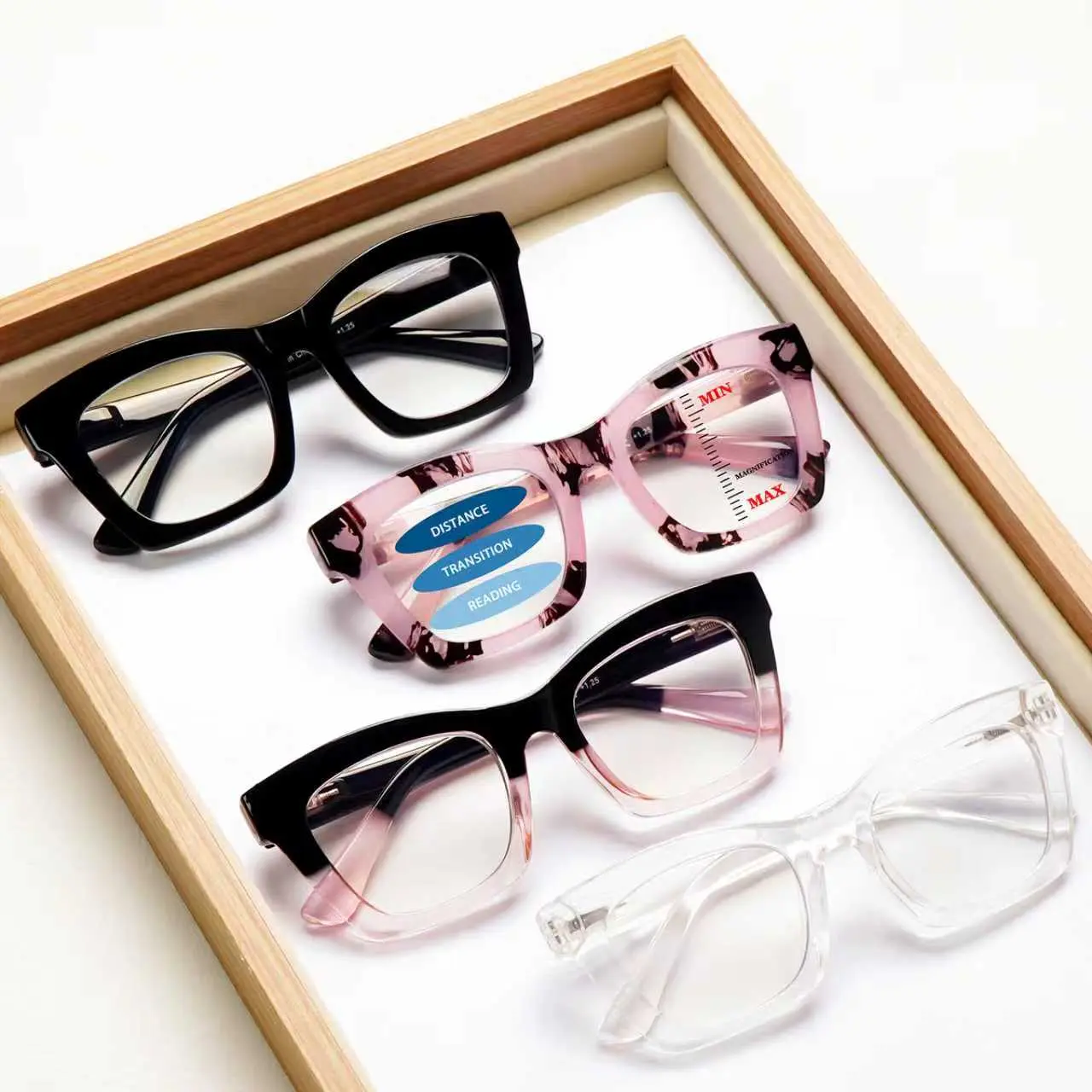 Women's 4-Pack High Quality Eyewear Stylish Progressive Multifocal Blue Light Blocking Square Frame Reading Glasses with Adjustable Spring Hinges, Large Lightweight Frame, Handy Set Box - Ideal for Daily Reading, Commuting, Holiday Gifting Square Frame Ey