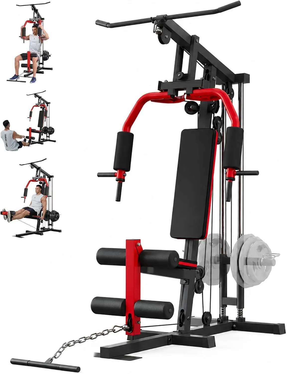 5-in-1 Multifunctional Home Gym Equipment – Full Body Workout Machine with LAT Pulldown, Chest Press, Leg Extension & Seated Row, 300 LB Capacity, Fits 1" & 2" Plates