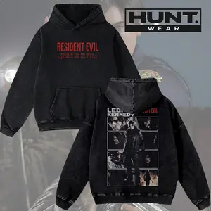 Resident Evil Requiem - Leon S Kennedy RE9 horror Game Washed Tshirt 2 Sided Cotton unisex graphic tees game anime manga movie Menswear Casual gamer merch t-shirt Clothes Top