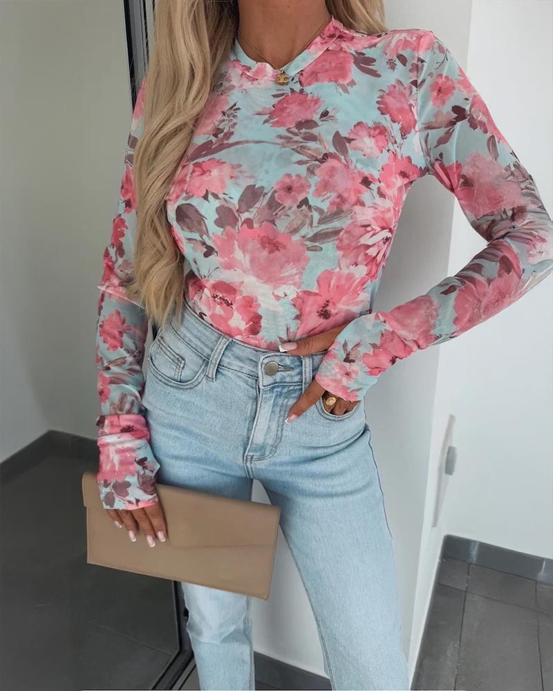 ChicMe Women's Watercolor Floral Print O-neck Long Sleeve Mesh Tee Slim Fit Semi Sheer Layering Top with Thumb Hole Cuffs