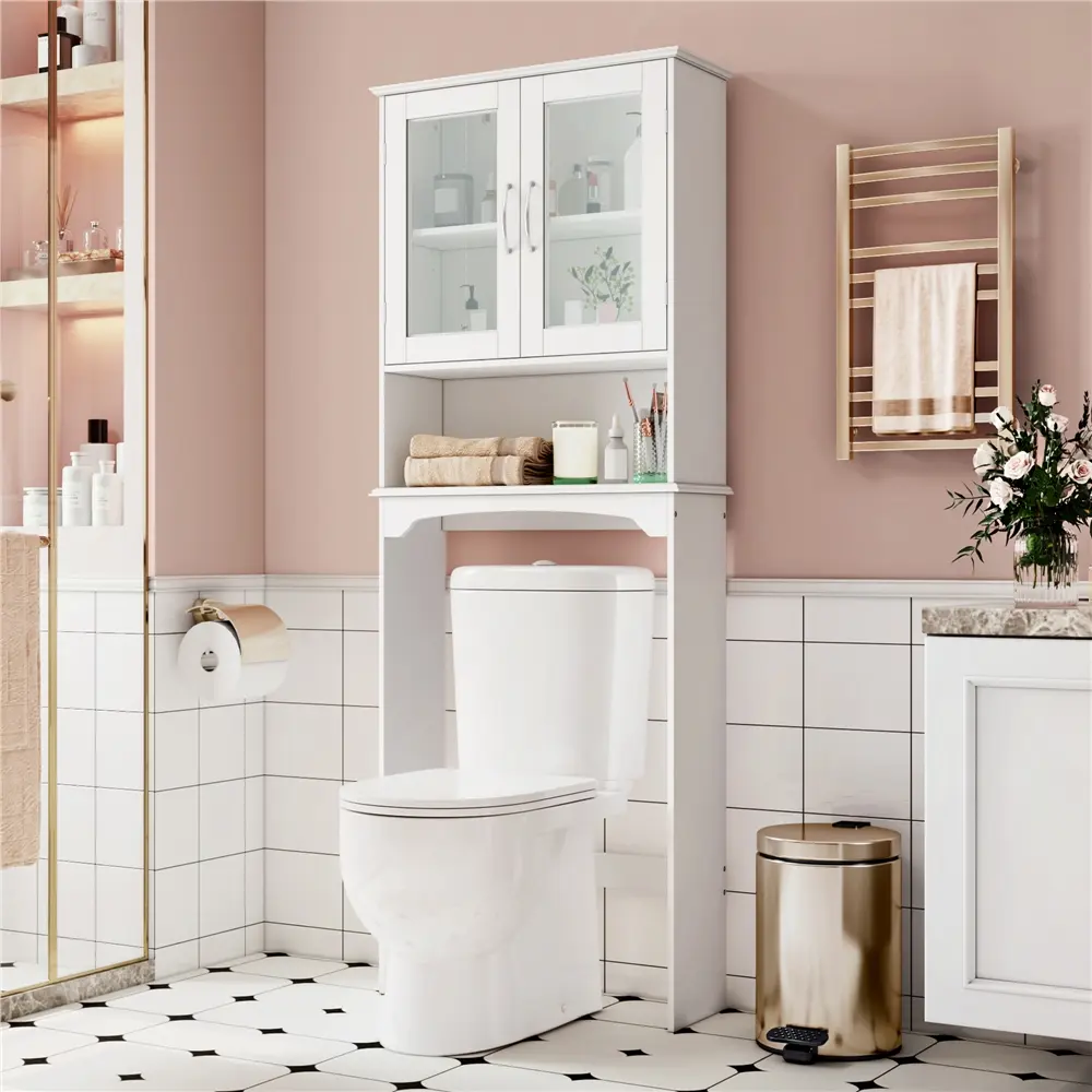 Yaheetech Rectangular Indoor Wooden Over-the-Toilet Bathroom Cabinet, Slim-Legs Space-Saver Furniture, Sturdy 2-Door Tempered Glass Storage Unit with Adjustable Shelf, Assembly Required Bathroom Accessory for Restroom tiktokshopbacktoschool