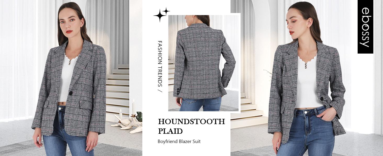 Ebossy Women's Houndstooth Plaid Blazer Jacket Notch Lapel Boyfriend Suit Casual Long Sleeve Fitted Outerwear with Flap Pockets Machine Washable Ebossy Women's Houndstooth Plaid Blazer Jacket Notch Lapel Boyfriend Suit Casual Long Sleeve Fitted Outerwear with Flap Pockets Machine Washable