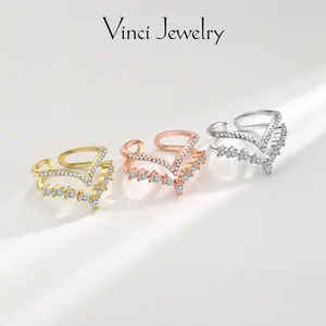 Stylish V-Shaped Open Ring with Sparkling 5A Cubic Zircon Design, Elegant and Romantic 14k Gold and Rose Gold Plated Ring Jewelry for Women, Wedding & Engagement Ring Perfect Gift for Lover, Girls for Daily Wear and Party, Birthday Valentine's Day