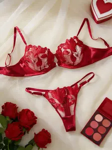Women's Red Classic Floral Embroidered Satin Lingerie Set, Valentine's Day & Christmas Special Edition, Ideal Festive Gift