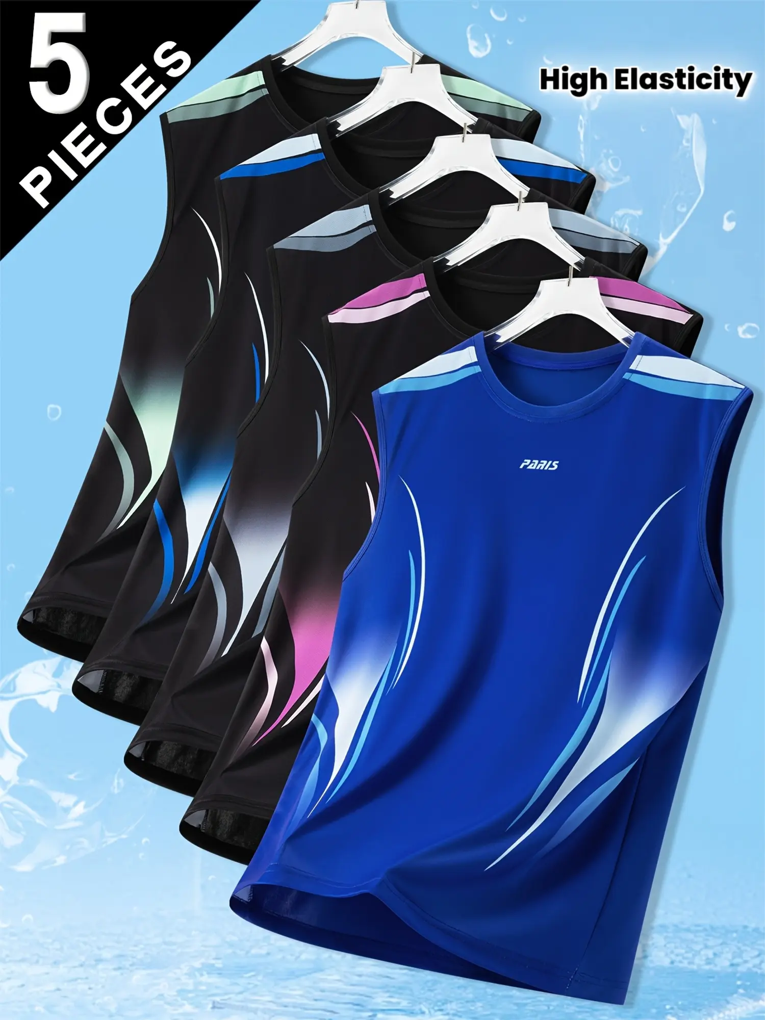 Men’s 5-Piece Breathable Fashion Tank Top Set - Summer Sleeveless Athletic Apparel, Stylish Printed High-Stretch Quick-Dry Fitness Activewear, Athleisure Men's Sleeveless T-Shirts for Sports, Leisure
