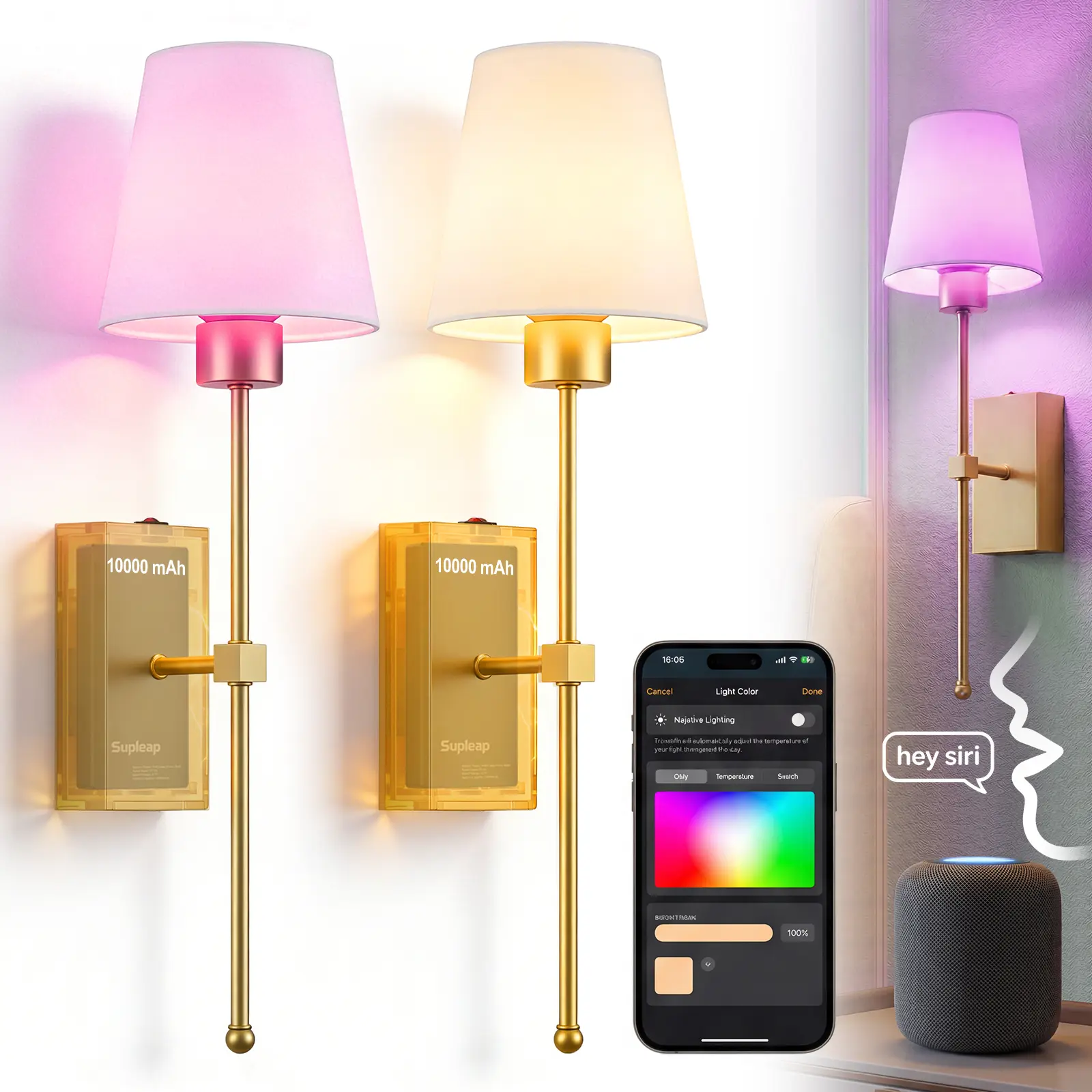 Battery-Operated Wireless Smart Wall Sconce Set of 2, Matter Over Thread Protocol, Works with Apple Alexa/Samsung/Google, 10000mAh Rechargeable, Long-Lifespan LED RGB Light for Home Improvement, Mood Lighting & RGB Setup Room Vibes