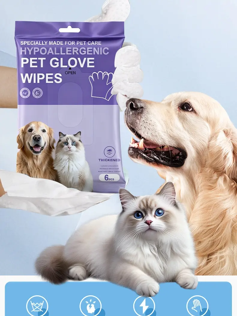 Extra Thick Disposable Pet Grooming Wipes, 6pcs Coconut Scented Hypoallergenic Gloves - Odor Control No-Rinse Helper, Deep-Clean Wipes Lift Dirt From Paws, Fur & Tear Stains for Dogs/Cats