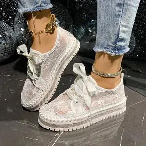 Women Elegant Outdoor Flat Sneakers Comfortable Chunky-soled Walking Shoes Fashion Lace-up Embroidered Shoes