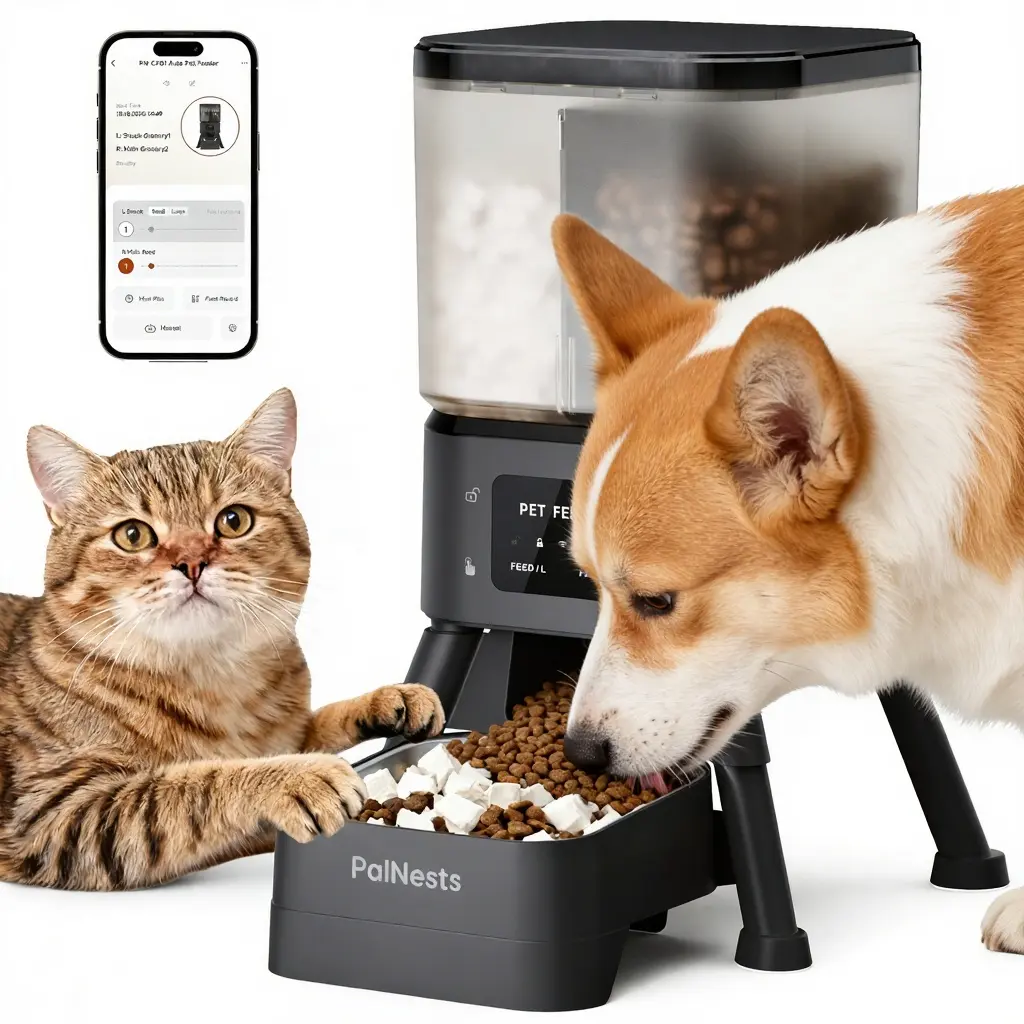 PalNests Dual-Cavity Smart Automatic Pet Feeder, 4L Dry Food Dispenser with Stainless Steel Bowls, Timed Dual-Band 2.4GHz & 5GHz WiFi, Airtight Freshness-Locking, App Control, Personalized Feeding Plans, Powered for Cats & Small/Medium Dogs, Power Supply,