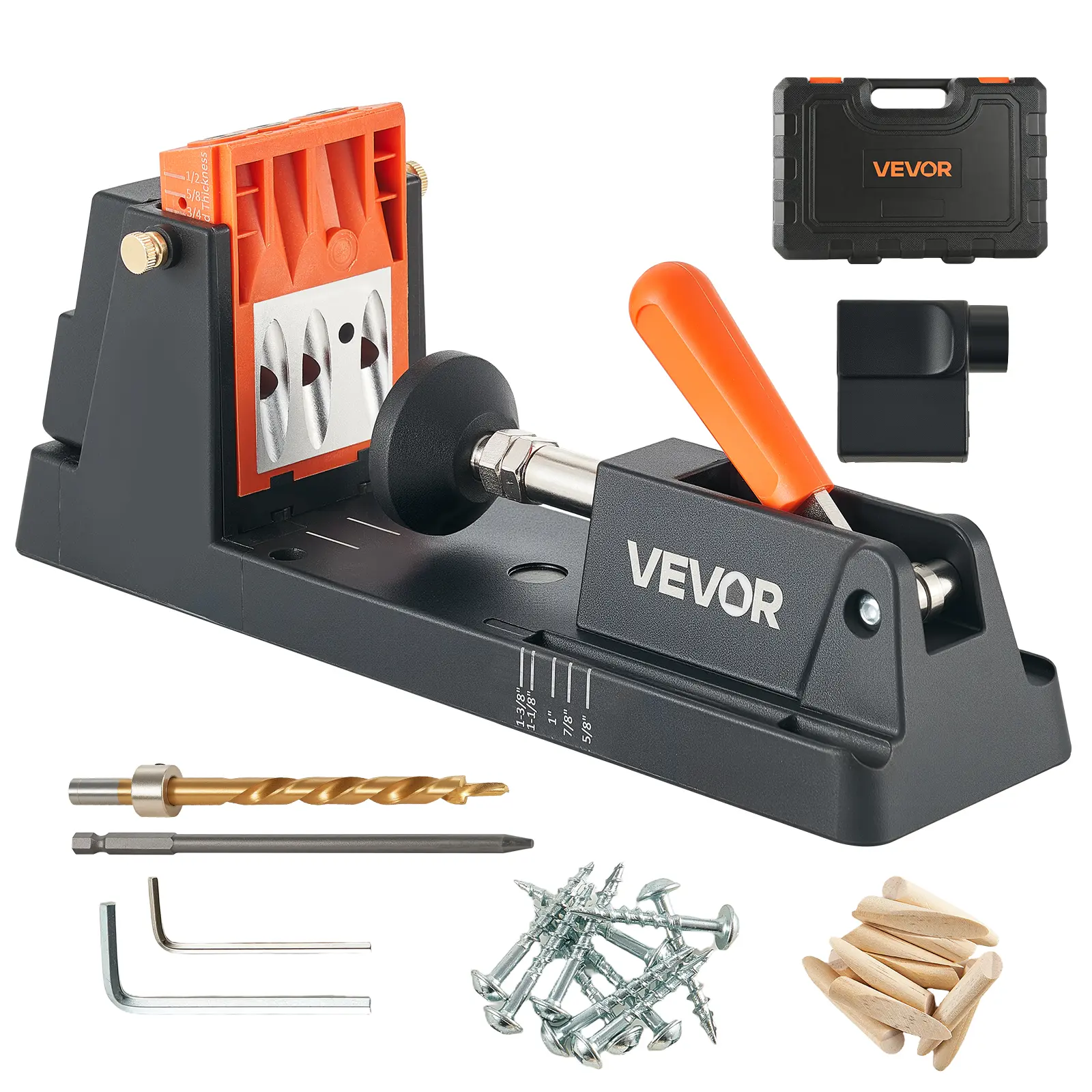 【summerfinds】VEVOR Pocket Hole Jig Kit, Tools and Gadgets for Him, Smart Tools Gadgets, 1/2"-1-1/2" Adjustable, Lightweight with Dust Collection Adapter, Detachable Guide Block, Drill Bit, Stop Collar, Easy Adjusting for Woodworking, Father's Day Gift