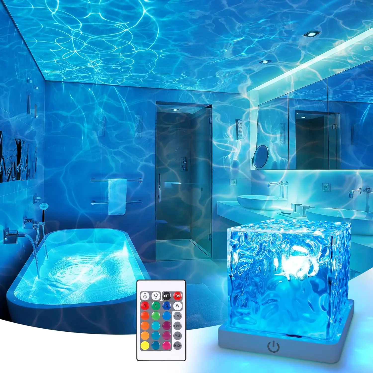 Rechargeable Shower Light No Wiring, 16 Color Changeable Ocean Wave Projector Light, Dimmable Waterproof Shower Lamp with Remote, Rotating Flame Water Ripple Lamp for Shower, Bathroom, Bedroom Decor