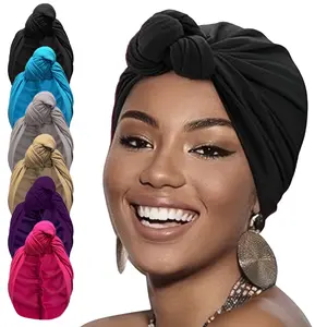 5 Pairs Solid Color Top Knotted Turban Caps for Women Pre-Tied Bonnet Indian Hats Muslim Female Head Wraps Beanie Hat Turbante Mujer