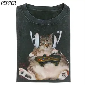 Funny Gamer Cat Shirt, Cat Gaming Graphic Tee, Gaming Meme T-Shirt, Retro Animal Gamer Shirt, Unisex Washed Tee, Trendy Unisex Gamer Gift Womenswear Top Streetwear