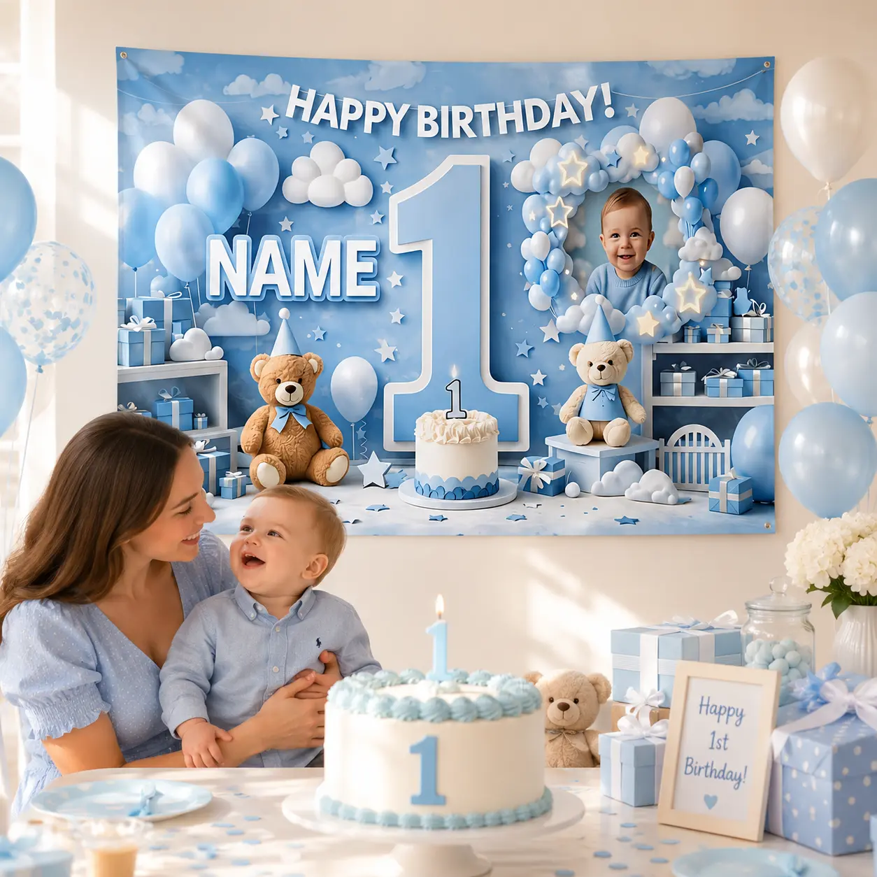 Custom Baby First Birthday Backdrop Tapestry Personalized Photo Name Blue Boy Milestone Celebration Banner Party Wall Decor for Kids Room Decorative Tapestry Wall Hanging