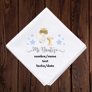12 Polyester White 17x17 Napkins for mi bautizo with Adorable Angel Design Personalized with Name and Date and text