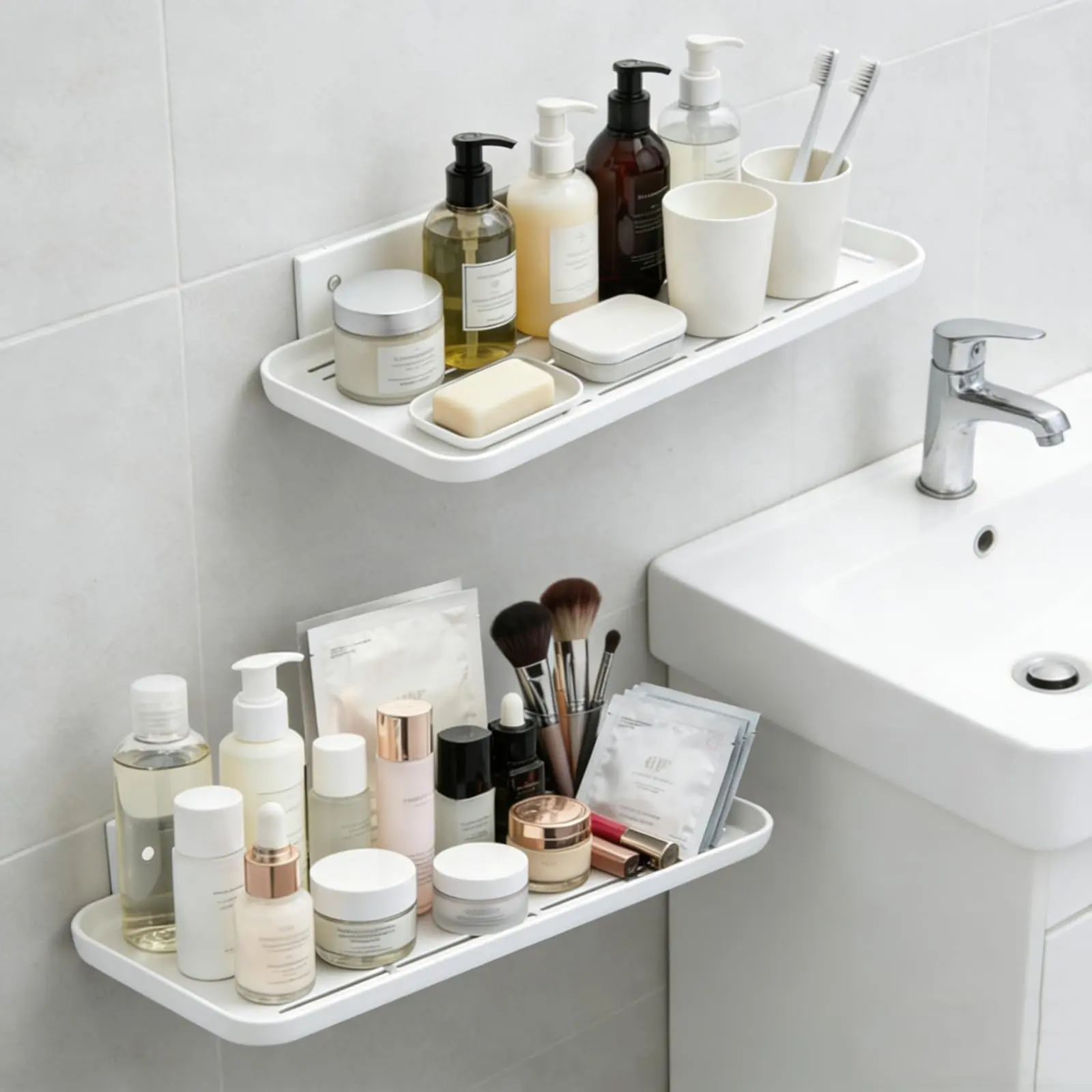 2-Pack Wall-Mount Floating Shelves, Sturdy Wipe-Clean Plastic No-Drill Self-Adhesive Bathroom Organizing Accessories for Renters, 12.6x4.7" Kitchen Space-Saving Storage Organizers